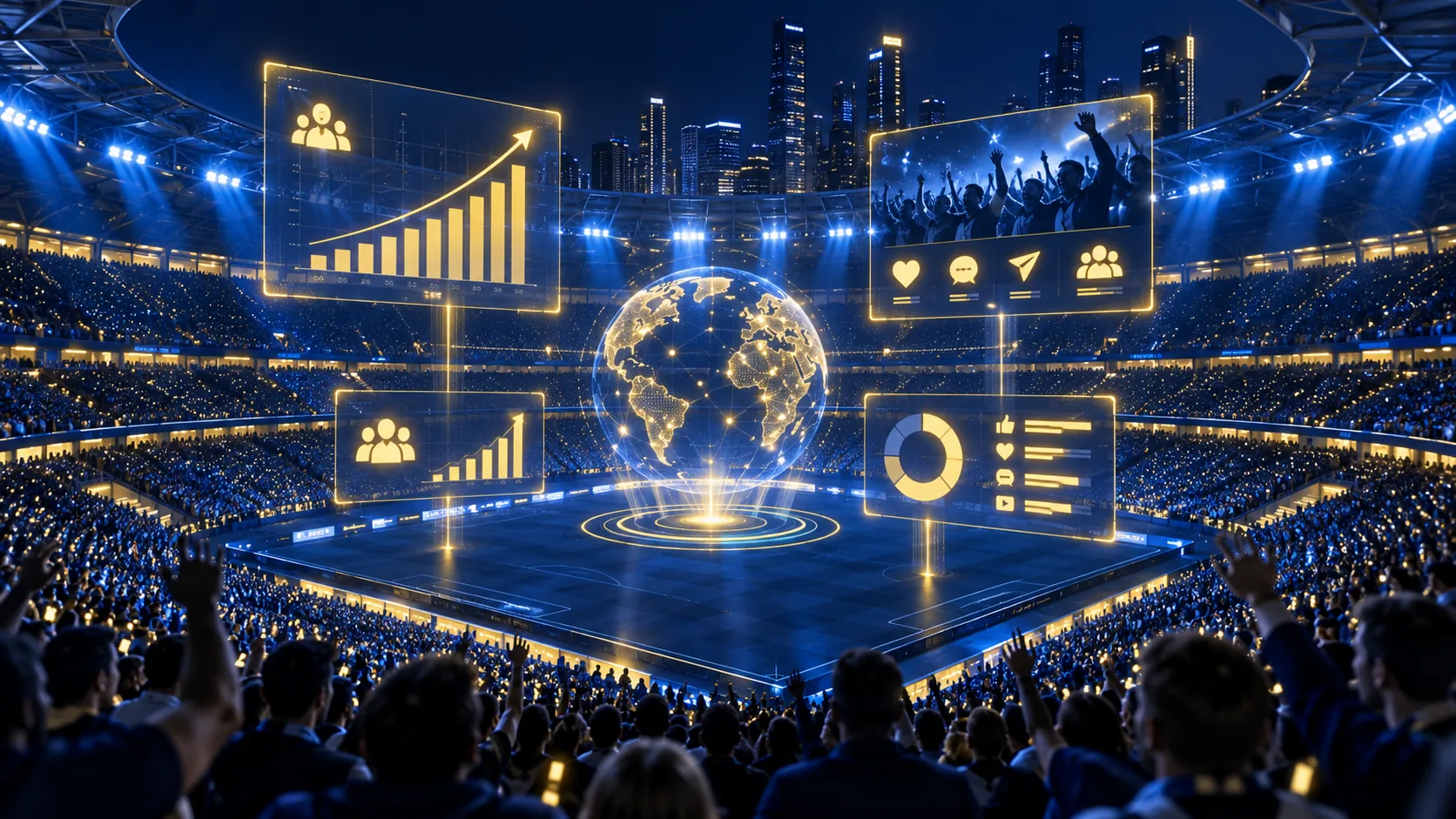 Estadio deportivo de noche en azul con gráficos holográficos dorados de marketing y datos sobre la cancha